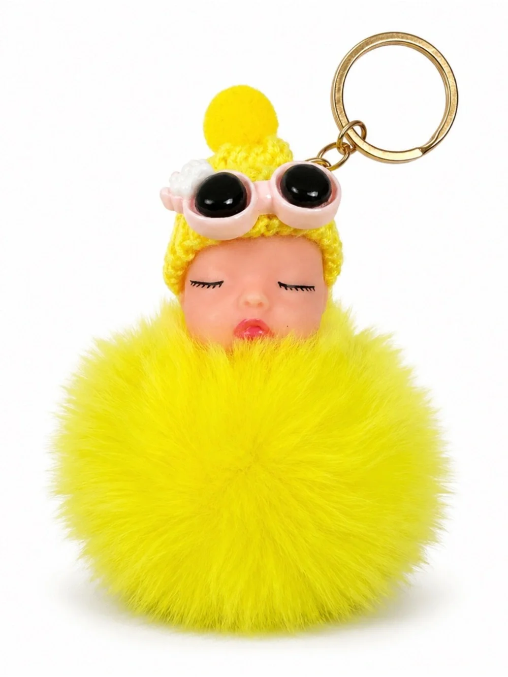 Sleeping Baby Faux Fur Pom Pom Keychain Purse Charm | 9 Colors